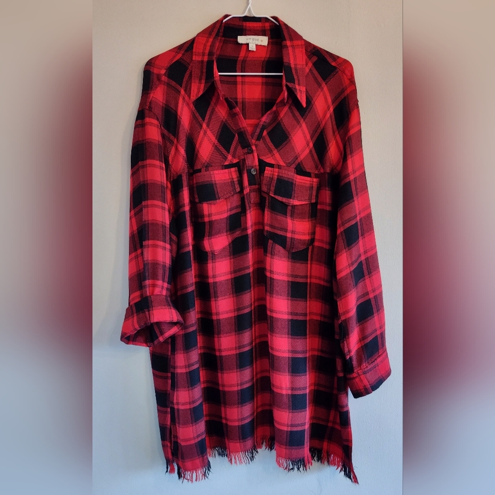 Umgee Plaid Tunic Blouse  Shirt Top Fringe Lightweight Cozy XL Black Red